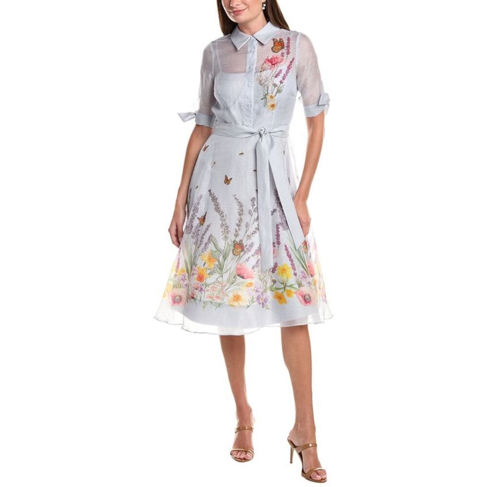 Teri Jon By Rickie Freeman Womens Border Print Linen & Silk-Blend Shirtdress,